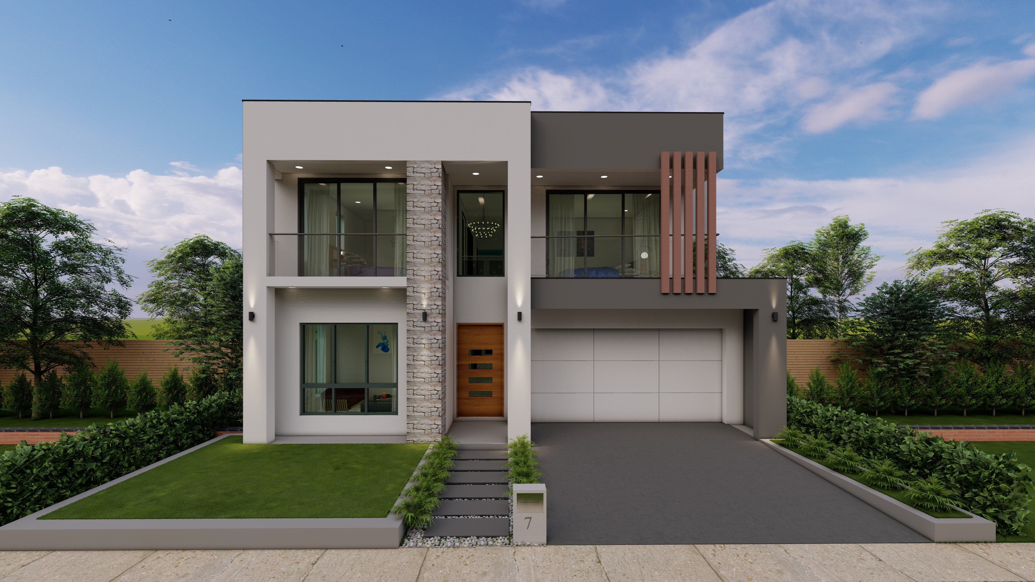 Zenith 40 — a commanding two-storey home with double garage and terracotta battens under a bright midday sky