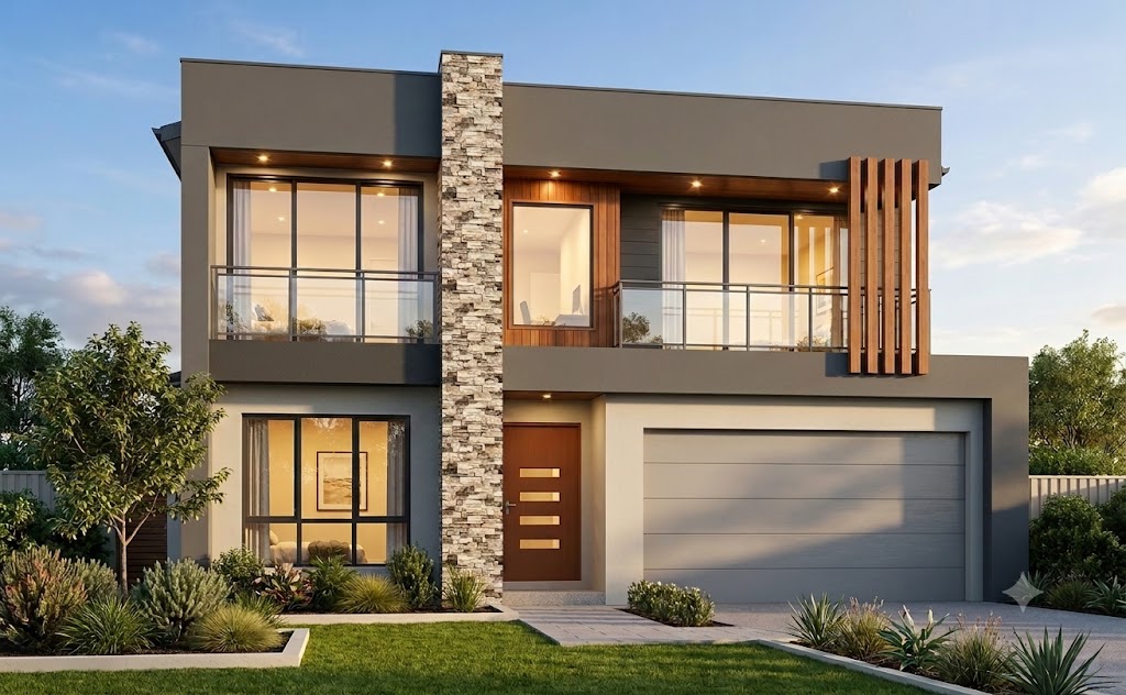 An Archify render — a two-storey home at dusk with warm timber battens and lit interiors