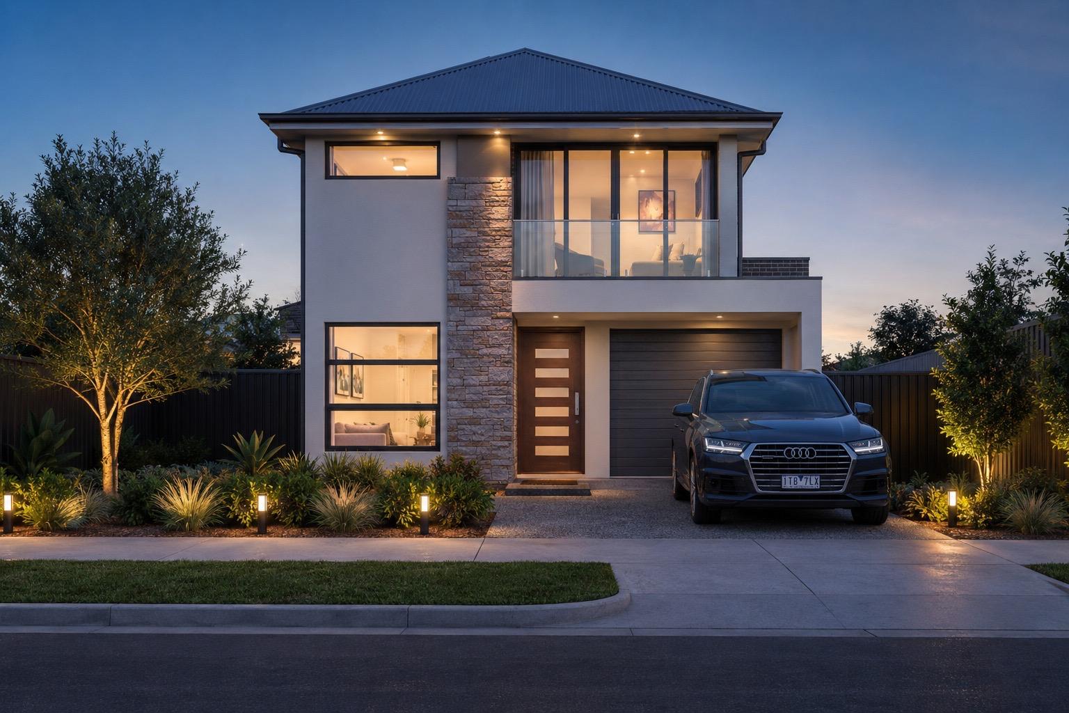 A two-storey home at dusk, every window warmly lit