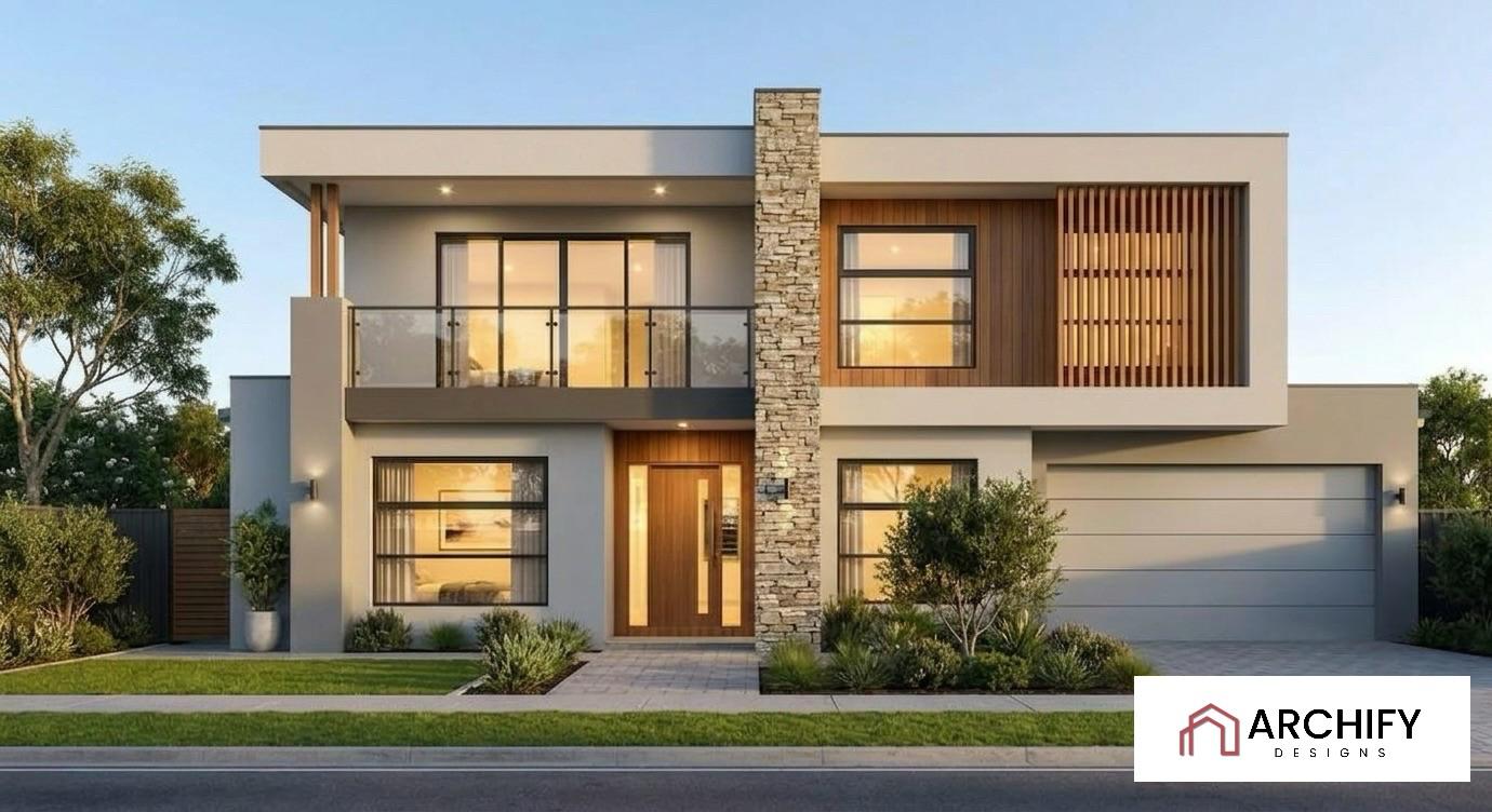 Onyx 45 — a premium two-storey home at dusk with warmly lit windows, stone column and timber battens