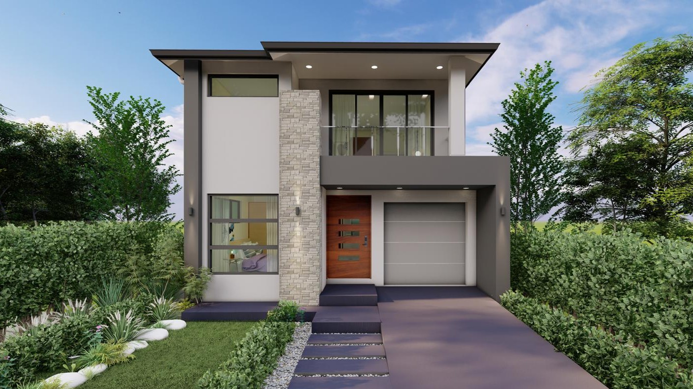 Solis 29 — a narrow-lot two-storey home with stone entry column and timber front door